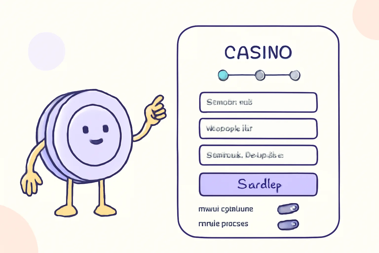 Ziggy, a YoYo Casino kabalafigurája egy regisztrációs űrlapot mutat be folyamatjelzővel és bekapcsológombokkal.